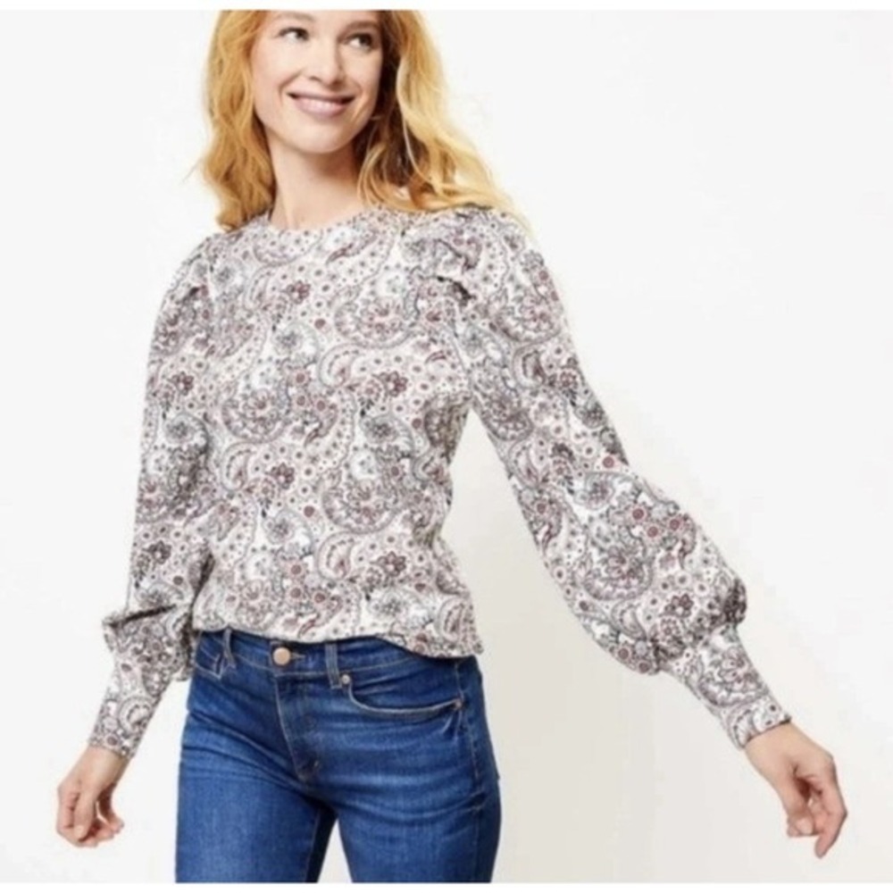 Ann Taylor Loft Sz M Paisley Floral Puff Sleeve Women's Sweatshirt Boho Chic